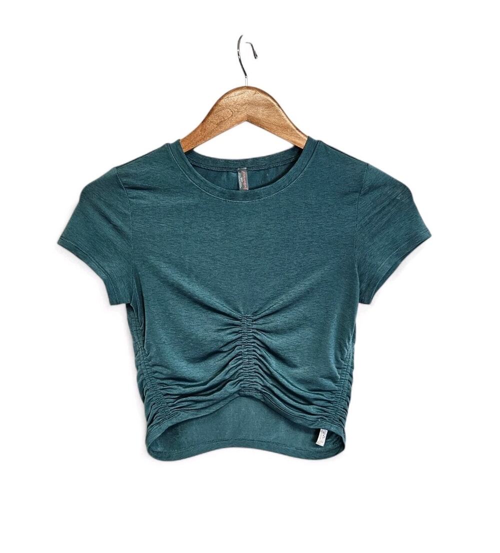 FP Free People Movement Teal Temp Ruched Short Sleeve Crop Workout Top Size XS